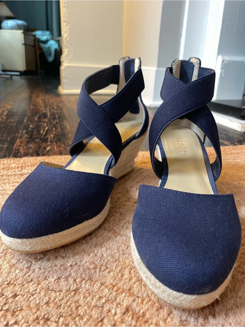 Talbots Navy Espadrille Wedge Sandals with Cross Straps